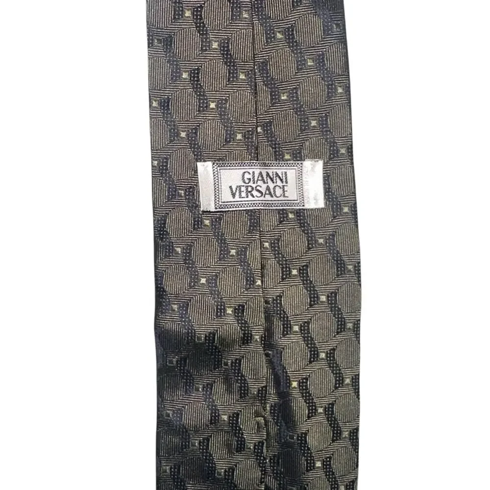 Gianni Versace Silk Printed Olive Green Medusa Logo Vintage Tie